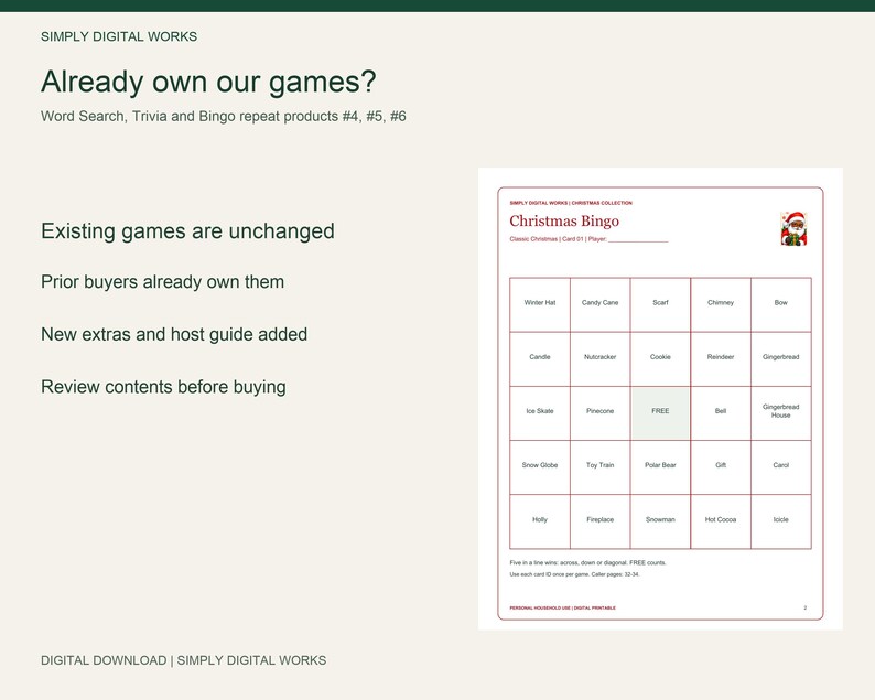 May include: A digital Christmas Bingo game card with a grid of holiday words, a Santa icon, and text reading Simply Digital Works, Already own our games, Word Search, Trivia and Bingo repeat products #4, #5, #6, Existing games are unchanged.