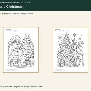 May include: A digital coloring book collection titled Classic Christmas featuring 10 designs. Two pages are shown: one with Santa holding a gift by a tree, and another with a reindeer by a tree. Includes US Letter and A4 PDF formats.