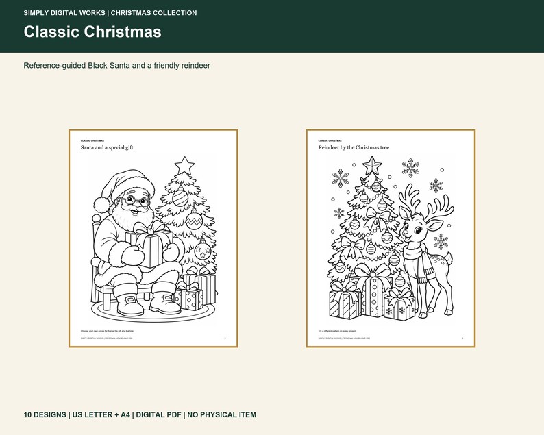 May include: A digital coloring book collection titled Classic Christmas featuring 10 designs. Two pages are shown: one with Santa holding a gift by a tree, and another with a reindeer by a tree. Includes US Letter and A4 PDF formats.