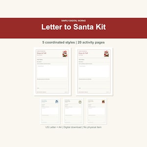 Puede incluir: Un kit de carta a Santa Claus con 5 estilos coordinados y 20 páginas de actividades. La descarga digital incluye plantillas con el texto Draw & Tell, Dear Santa, My name is y líneas para escribir, decoradas con pequeñas ilustraciones navideñas.