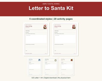 May include: A Letter to Santa Kit featuring 5 coordinated styles and 20 activity pages. The digital download includes templates with the text Draw & Tell, Dear Santa, My name is, and lines for writing, decorated with small Christmas-themed illustrations.