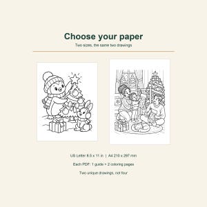 May include: Two black and white coloring pages with the text Choose your paper, Two sizes, the same two drawings, US Letter 8.5 x 11 in | A4 210 x 297 mm, Each PDF: 1 guide + 2 coloring pages, Two unique drawings, not four.