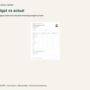 May include: A digital holiday budget planner template featuring the text Simply Digital Works, Budget vs actual, and Set category limits and calculate remaining budget by hand. The document includes a table for tracking expenses.