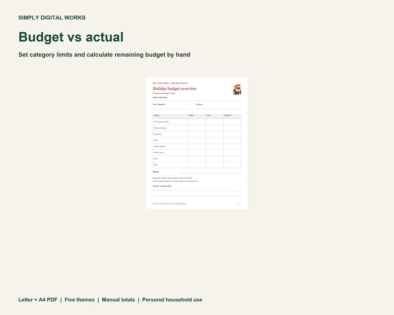 May include: A digital holiday budget planner template featuring the text Simply Digital Works, Budget vs actual, and Set category limits and calculate remaining budget by hand. The document includes a table for tracking expenses.