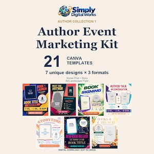 Puede incluir: Kit de marketing para eventos de autores con 21 plantillas de Canva, 7 diseños en 3 formatos: publicación social, historia y folleto A4 horizontal. La descarga digital incluye texto para lanzamientos de libros, firmas y eventos.