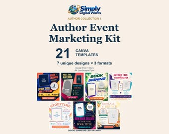 May include: Author Event Marketing Kit with 21 Canva templates featuring 7 designs in 3 formats: social post, story, and A4 landscape flyer. The digital download includes text for book launch, meet the author, book signing, and storytime events.