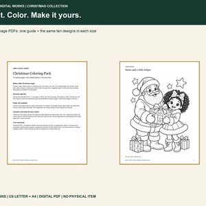 May include: A digital Christmas coloring pack featuring two 11-page PDFs. One page shows text instructions for a Christmas Coloring Pack, while the other displays a black and white line art illustration of Santa Claus and a child holding a gift.