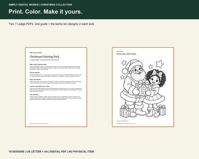 May include: A digital Christmas coloring pack featuring two 11-page PDFs. One page shows text instructions for a Christmas Coloring Pack, while the other displays a black and white line art illustration of Santa Claus and a child holding a gift.
