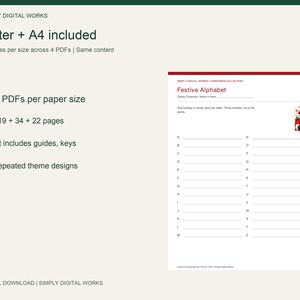 May include: A digital download product featuring a Festive Alphabet game sheet with a Santa Claus graphic. The text includes Letter + A4 included, 97 pages per size across 4 PDFs, and Four PDFs per paper size. The game sheet lists letters A through Z.
