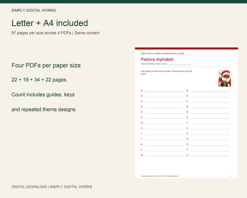 May include: A digital download product featuring a Festive Alphabet game sheet with a Santa Claus graphic. The text includes Letter + A4 included, 97 pages per size across 4 PDFs, and Four PDFs per paper size. The game sheet lists letters A through Z.