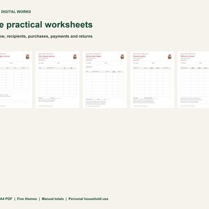 May include: Five practical worksheets titled Simply Digital Works, featuring sections for holiday budget overview, gift recipient planner, gift purchase budget, payment tracker, and delivery and returns, presented in a clean white layout.