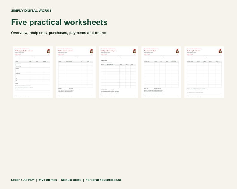 May include: Five practical worksheets titled Simply Digital Works, featuring sections for holiday budget overview, gift recipient planner, gift purchase budget, payment tracker, and delivery and returns, presented in a clean white layout.