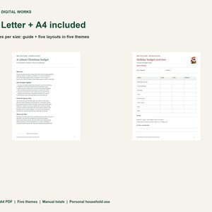May include: A digital planner set titled Simply Digital Works featuring US Letter and A4 sizes. The document includes 26 pages per size with a guide and five layouts. The pages display text titled A calmer Christmas budget and Holiday budget overview with a small Santa graphic.
