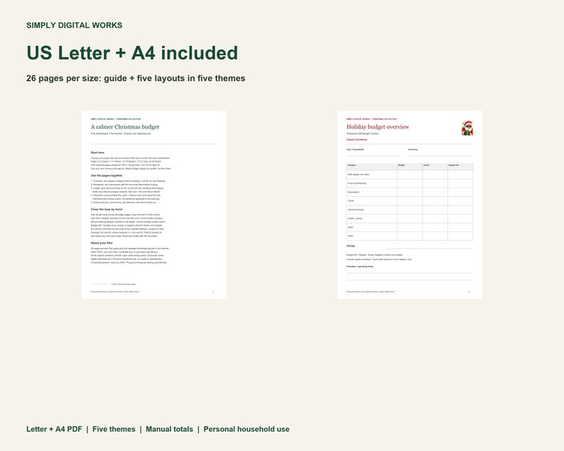 May include: A digital planner set titled Simply Digital Works featuring US Letter and A4 sizes. The document includes 26 pages per size with a guide and five layouts. The pages display text titled A calmer Christmas budget and Holiday budget overview with a small Santa graphic.