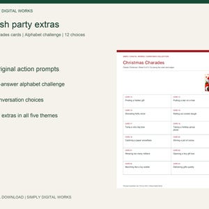 May include: A digital download titled Simply Digital Works Fresh party extras featuring 24 charades cards, an alphabet challenge, and 12 conversation choices. The document includes a Christmas Charades sheet with 12 action prompts and a Santa graphic.