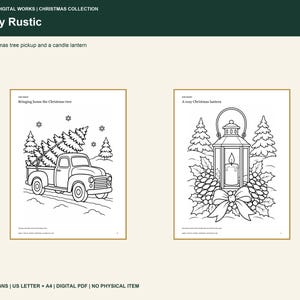 May include: Two black and white coloring pages featuring Christmas themes. The left page shows a pickup truck carrying a Christmas tree with the text Bringing home the Christmas tree. The right page shows a candle lantern with the text A cozy Christmas lantern.
