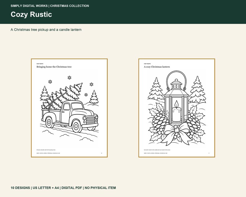 May include: Two black and white coloring pages featuring Christmas themes. The left page shows a pickup truck carrying a Christmas tree with the text Bringing home the Christmas tree. The right page shows a candle lantern with the text A cozy Christmas lantern.