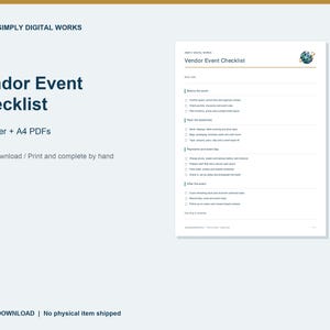May include: A digital Vendor Event Checklist document featuring the Simply Digital Works logo, with sections for before, during, and after an event. The text includes US Letter + A4 PDFs, and the layout is organized with checkboxes for tasks.