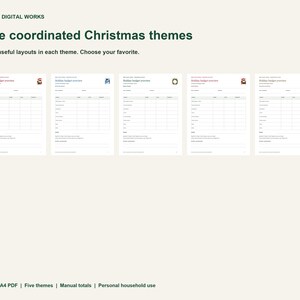 May include: A digital document display titled Simply Digital Works Five coordinated Christmas themes, showing five variations of a holiday budget overview template with different icons, including Letter and A4 PDF formats.