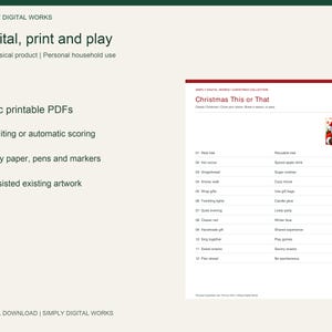 May include: A digital download printable PDF titled Christmas This or That featuring a list of twelve holiday-themed choices to circle. The document includes a small illustration of Santa Claus and text from Simply Digital Works.