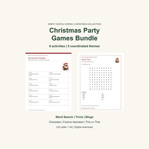 May include: A Christmas Party Games Bundle featuring 6 activities and 5 themes. The document displays Christmas Charades and a Santa Time word search with a Santa Claus graphic. Text includes Simply Digital Works, Christmas Collection, Word Search, Trivia, Bingo, Charades, Festive Alphabet, This or That, US Letter, and A4.