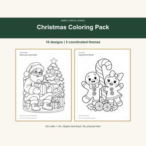 May include: A digital Christmas coloring pack featuring 10 designs and 5 themes. The image displays two pages: one with Santa holding a gift by a tree, and another with two gingerbread characters and a candy cane. Text includes Simply Digital Works.