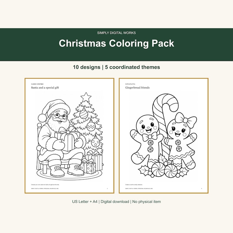 May include: A digital Christmas coloring pack featuring 10 designs and 5 themes. The image displays two pages: one with Santa holding a gift by a tree, and another with two gingerbread characters and a candy cane. Text includes Simply Digital Works.