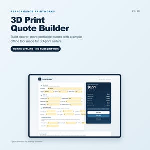 May include: A digital interface for the 3D Print Quote Builder tool, featuring a light background with dark blue text. The screen displays input fields for job details, build costs, and profit settings, alongside a summary box showing $67.71.
