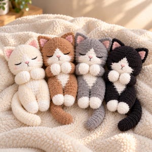 Peut inclure: Quatre chats en crochet en peluche de couleurs crème, marron, gris et noir. Chaque chat présente des yeux fermés, des nez brodés roses, des taches blanches sur la poitrine et des pattes blanches. Les chats sont côte à côte, pattes jointes.