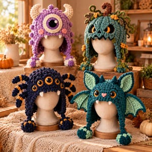 May include: Four crochet hats displayed on mannequin heads. One is a purple monster with one eye and horns, one is a teal pumpkin with vines, one is a dark blue spider with multiple eyes, and one is a teal bat with wings and ears.