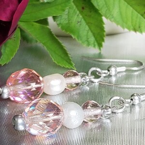 Pink Czech Crystal Dangle Earrings with White Pearls and Sterling Silver Hardware image 1