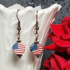 Earrings- The Perfect Patriotic Earrings, Red White and Blue Aged Wooden Dangle Antique Style Earrings