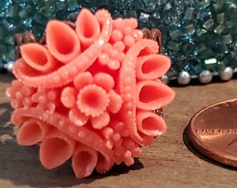 RING: Striking Adjustable Ring Orange Salmon Flower Cabochon on a Copper Filigree Adjustable Setting