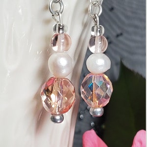 Pink Czech Crystal Dangle Earrings with White Pearls and Sterling Silver Hardware image 2