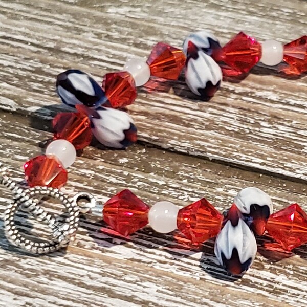 Patriotic Bracelet Red Swarovski Crystals White round Spacers & Unique Red/White/Blue Teardrop Crystals with Decorative Toggle Clasp