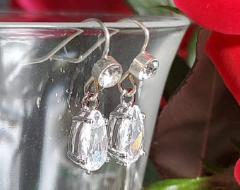 Simple but Elegant Sterling Silver Dangle Earrings with Clear Swarovski Crystals and Clear Rhinestones