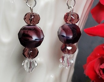 Beaded Dangle Earrings with Marbled Purple Amethyst and White Beads and Swarovski Crystals