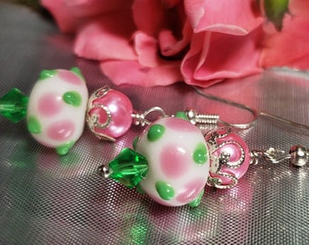 Earrings Green Swarovski Crystals White Lampwork Beads with Pink/Green Polka Dots Pink Pearls, Silver Decorative Bead Caps Silver Hardware