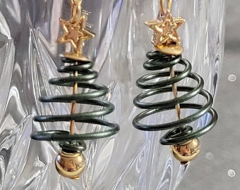 EARRINGS: Green and Gold Wire Wrapped Christmas Tree Earrings with Gold Hardware