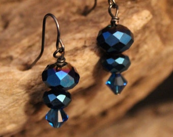 Sieradenset blauwe agaat en kristallen: bronskleurige ketting, armband, oorbellen