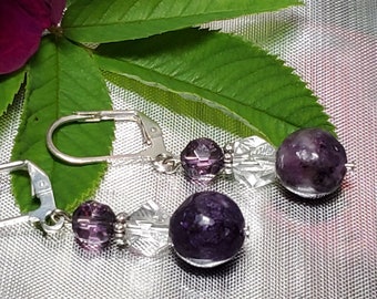 Lovely amethyst gemstone earrings with tibetan silver, clear and purple swarovski crystals