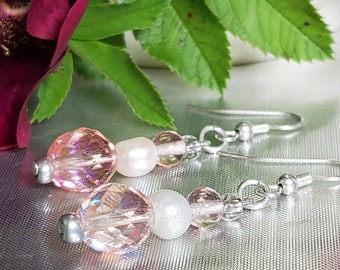 Pink Czech Crystal Dangle Earrings with White Pearls and Sterling Silver Hardware