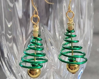 EARRINGS: Green and Gold Wire Wrapped Christmas Tree Earrings with Gold Hardware