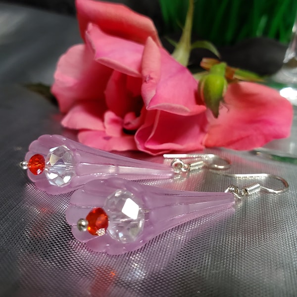 EARRINGS: Sterling Silver Frosted Lucite Fluted Flower Pierced Earrings with a Clear Swarovski Crystal Center and a Pink Crystal Tip