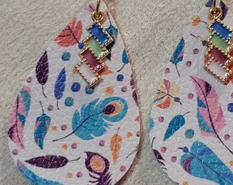 Feather Print Leather Teardrop Earrings with Multicolor Charm