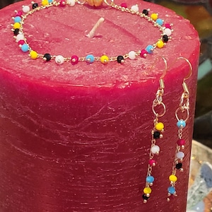 Bracelet & Earring Set:  Multicolored Small Matte Swarovski Crystals on a Dainty Gold Chain