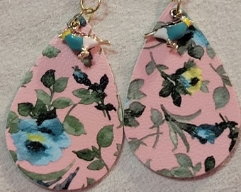 Floral Leather Teardrop Earrings: Pink Bird Charm, Gold Plated