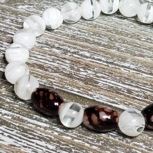 Lovely Stretch Bracelet of White Marbled Round Beads and Brown Flowered Ceramic Focal Beads