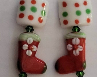 EARRINGS: Christmas Stockings Glass Lampworks Beaded Earrings with Green Swarovski Crystals