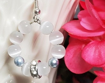 Lovely white catseye hoop earrings with light grey pearls and swarovski crystal spacers, silver findings